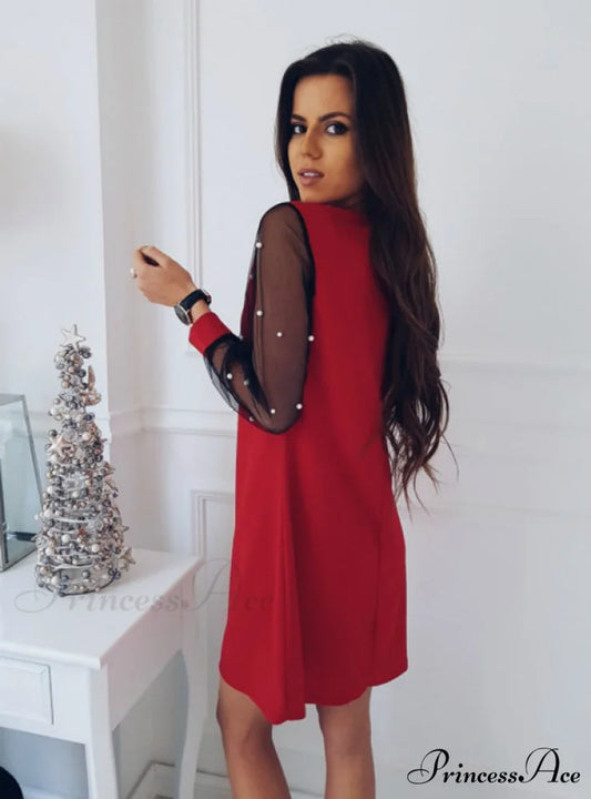 Spring Boat Neck Long Sleeve Straight Dress in Black S / Black