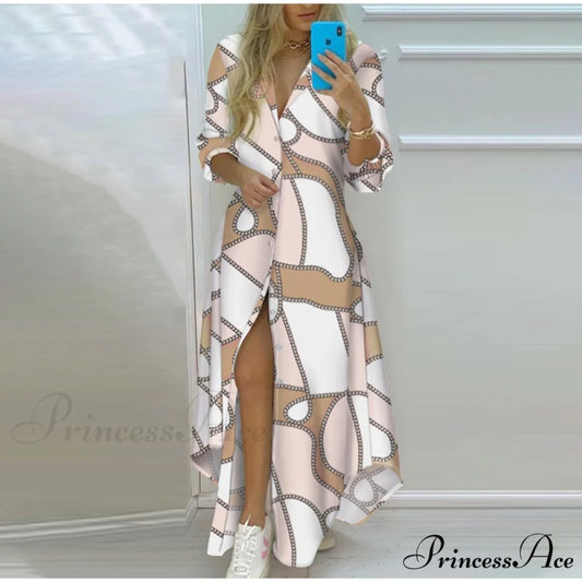 Spring Casual Loose Long Sleeve Turn-Down Collar Dress for Women S / KHAKI