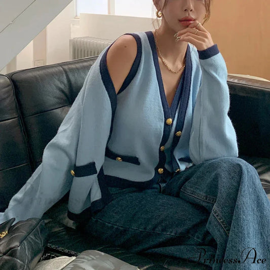 Spring Deep V-neck Extended Sleeve Knitted Cardigan Blue / One Size cardigans-241228