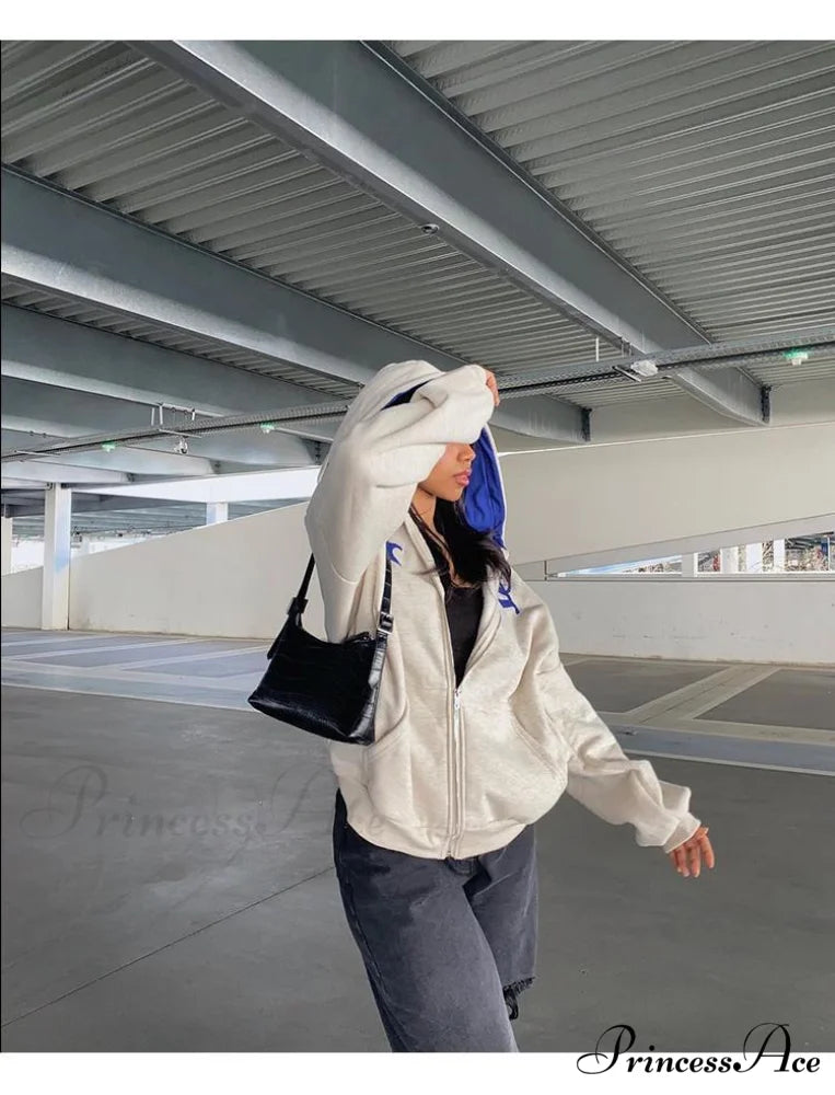 Spring Hoodie Hop Zipper Y2K Oversized Women’s Gray Embroidery Letter Streetwear Punk Hip Sweatshirt
