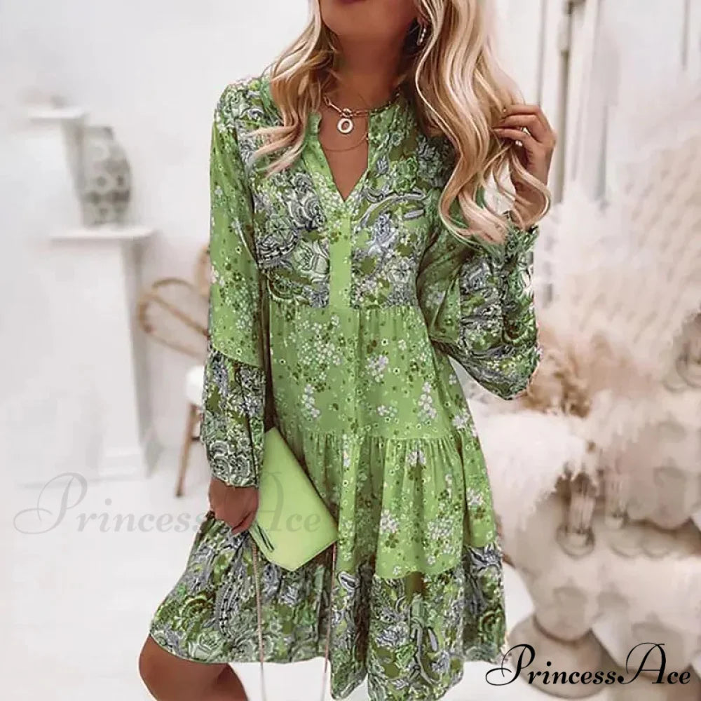 Spring Informal Flowery Medium Length Dress Green / S oldfloraldress-250126