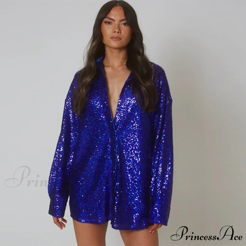 Spring Long Bright - Streetwear by Red Blouse Silk Fit Casual Women Loose Fashion Arm BerryBetty Blue / S