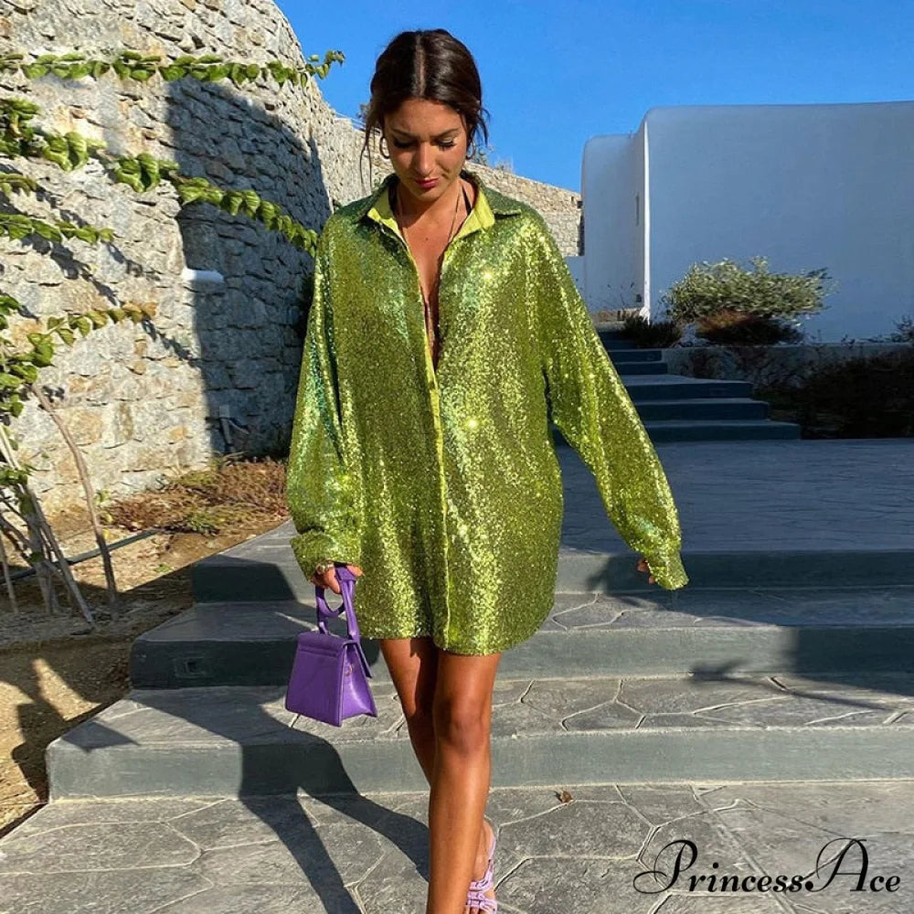 Spring Long Bright - Streetwear by Red Blouse Silk Fit Casual Women Loose Fashion Arm BerryBetty Green / S