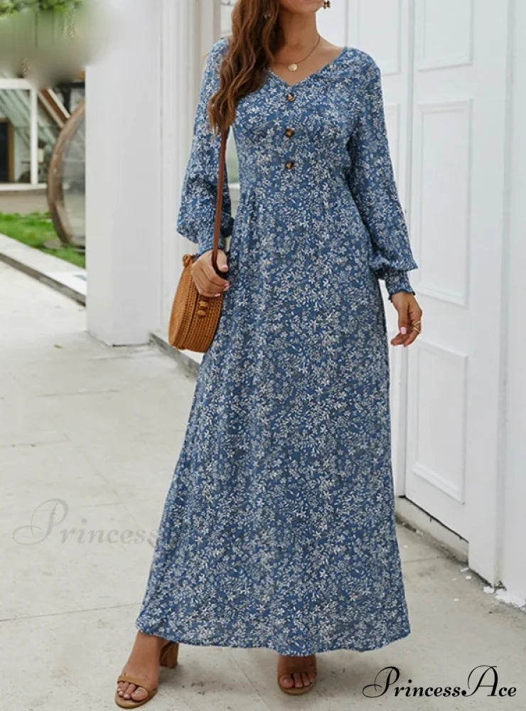 SPRING LONG ELEGANT RETRO BOHO DRESS S / BLUE