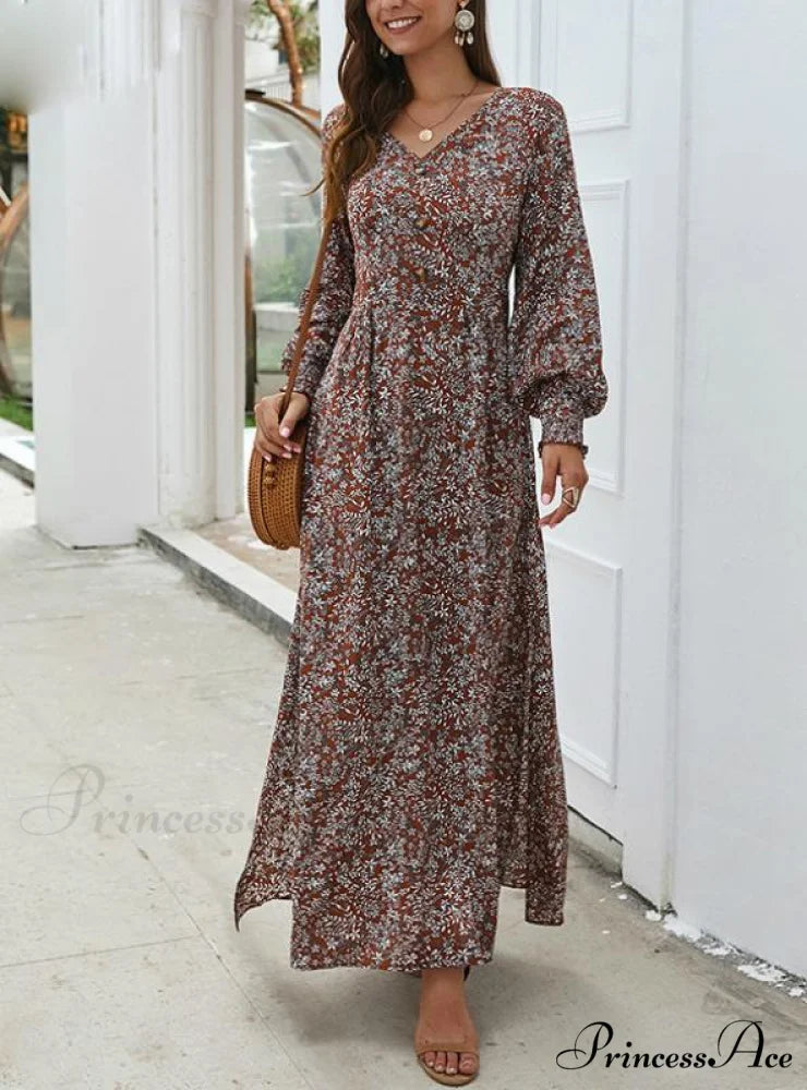 SPRING LONG ELEGANT RETRO BOHO DRESS S / BROWN
