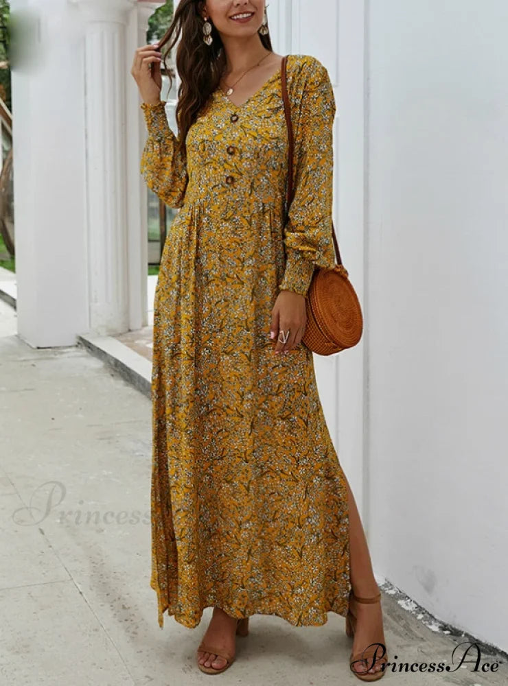 SPRING LONG ELEGANT RETRO BOHO DRESS S / YELLOW
