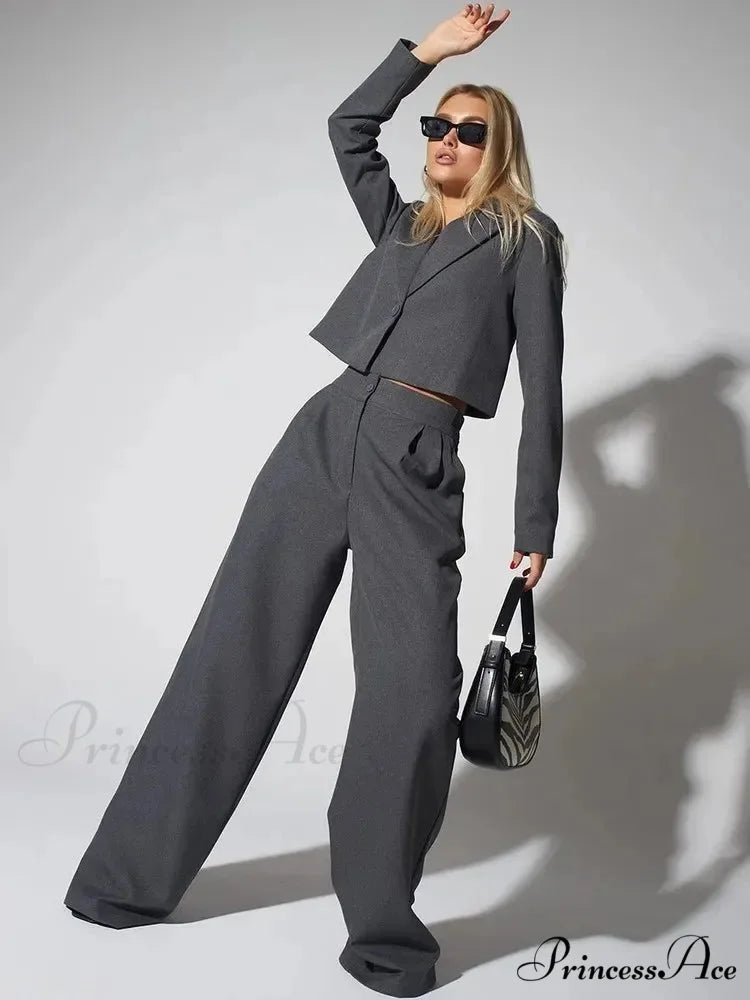 Spring Sleek Wide Leg Trousers Office Two Piece Set Dark Grey / S officetwopieceset-250223