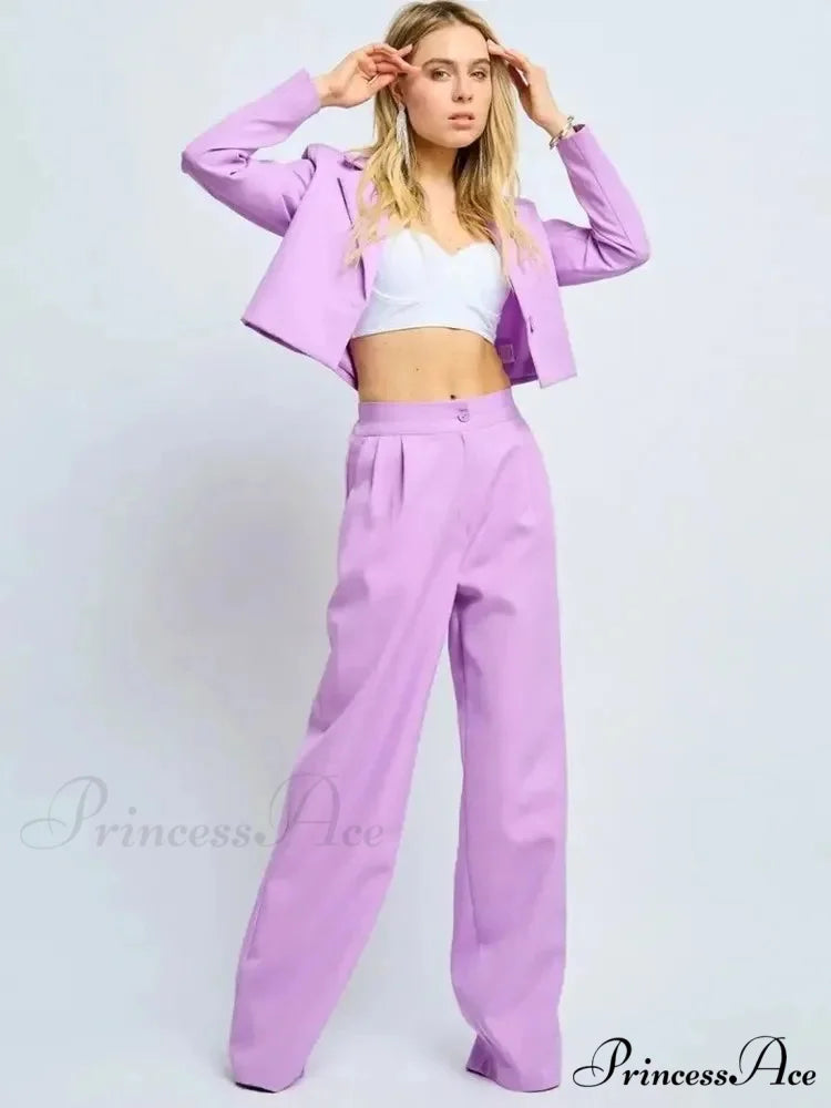 Spring Sleek Wide Leg Trousers Office Two Piece Set Lavender / S officetwopieceset-250223