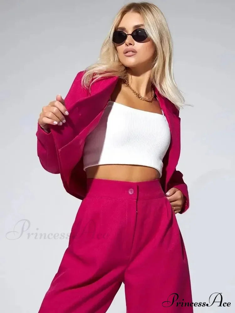 Spring Sleek Wide Leg Trousers Office Two Piece Set Rose Red / S officetwopieceset-250223