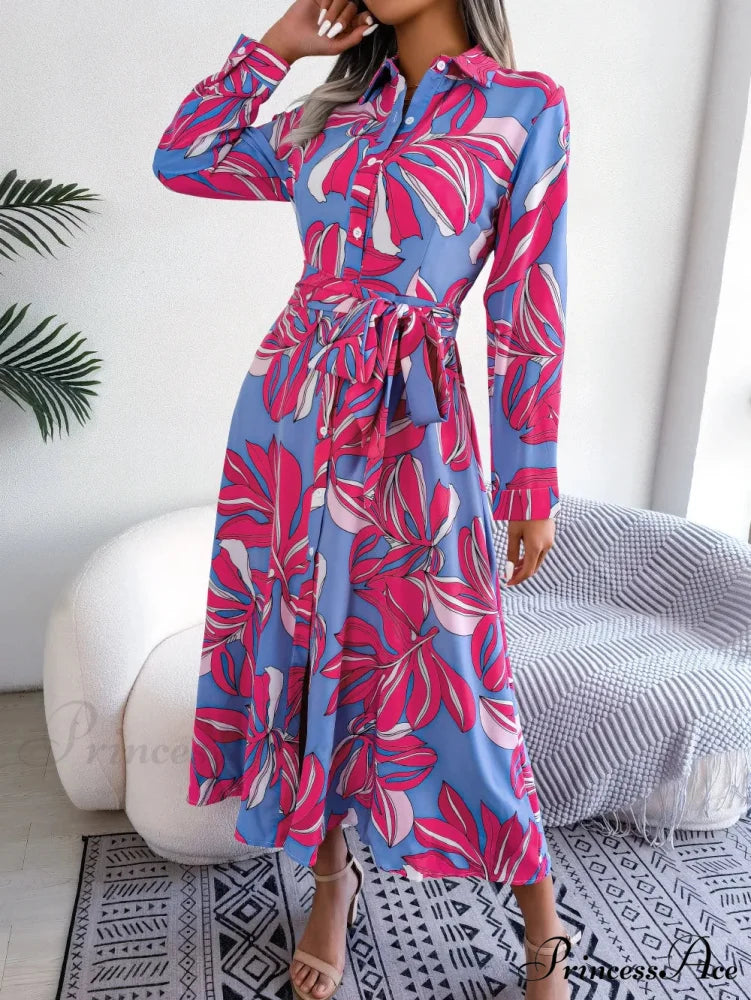 Spring Summer Contrast Floral Polo Collar Shirt Floral Dress Modified Title: Spring Summer Different Flower Polo Neck