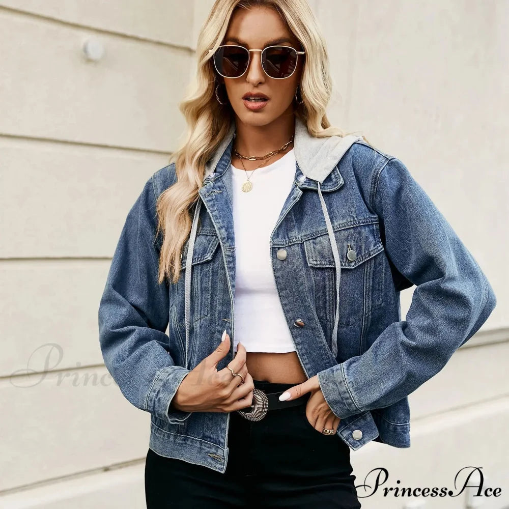 Spring Summer European American Style Short Hooded Long-sleeved Casual Jacket BLUE / S