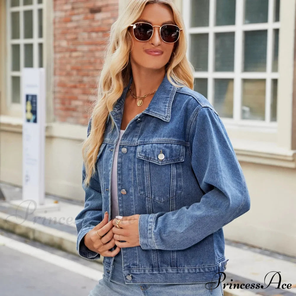 Spring Summer European American Style Short Hooded Long-sleeved Casual Jacket Blue / S