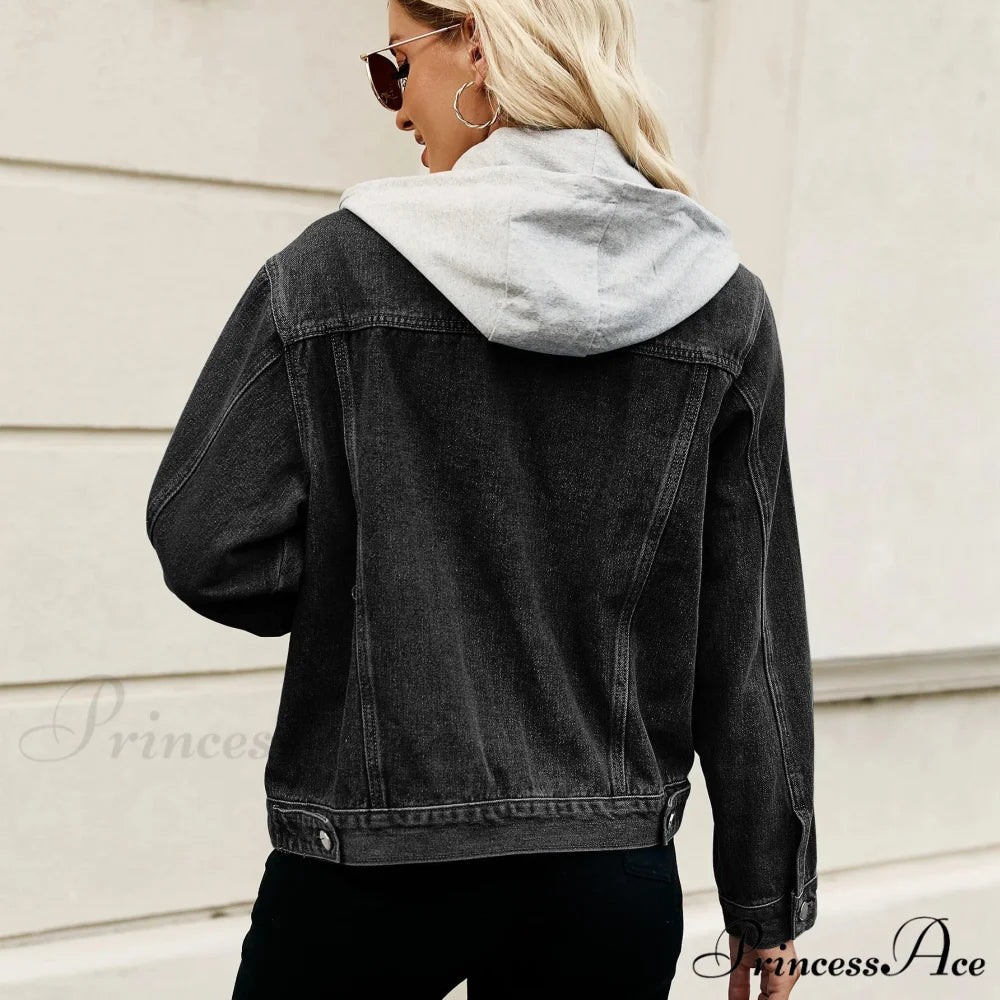 Spring Summer European American Style Short Hooded Long-sleeved Casual Jacket DARK GRAY / S