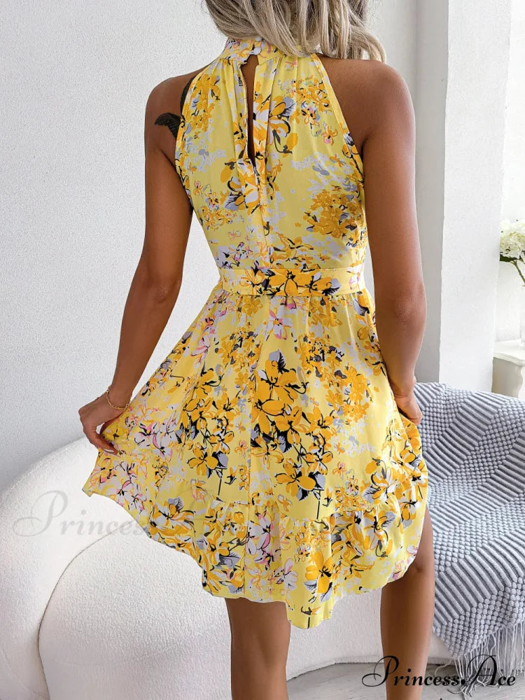 Spring Summer Floral Halter Neck Lace-up A-line Floral Dress Modified Title: Spring Summer Flowery Halter Neck Lace-up
