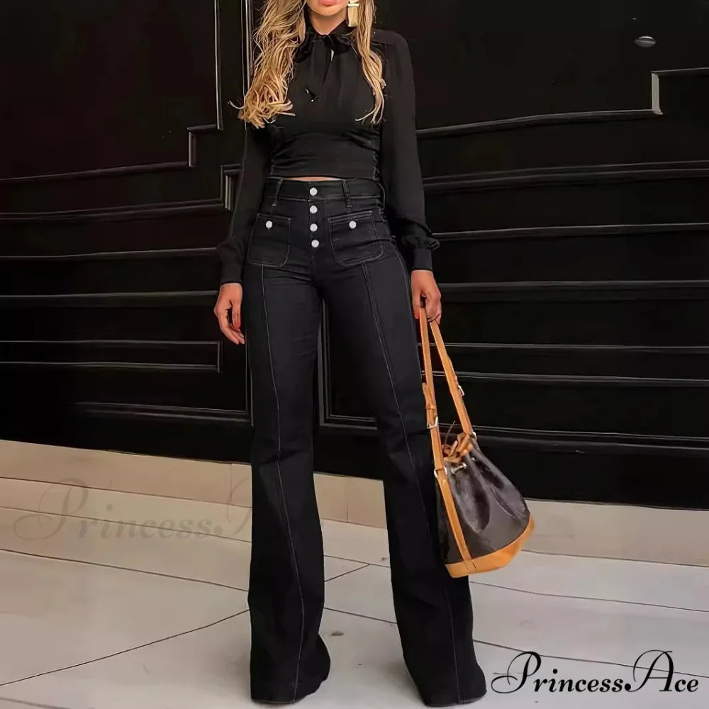 Spring Summer New Retro High Waist Stitching Washed Stretch Slim Bell-Bottom Denim Jean Black / S