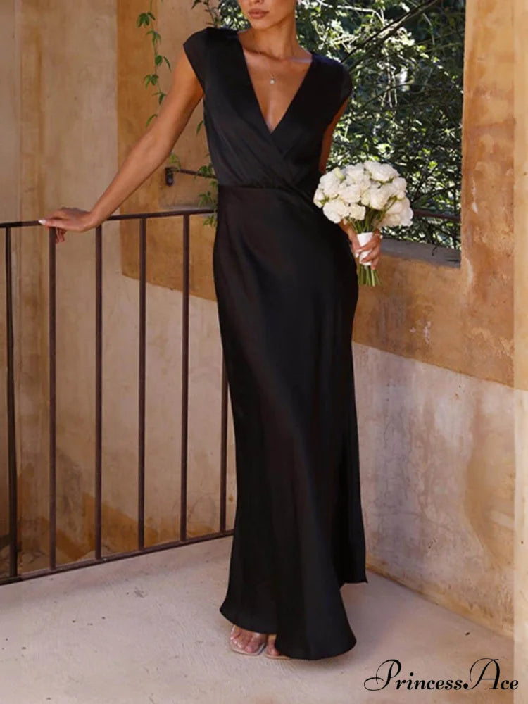 Spring/Summer Satin Solid Color Graceful V-Neck Fishtail Party Dress