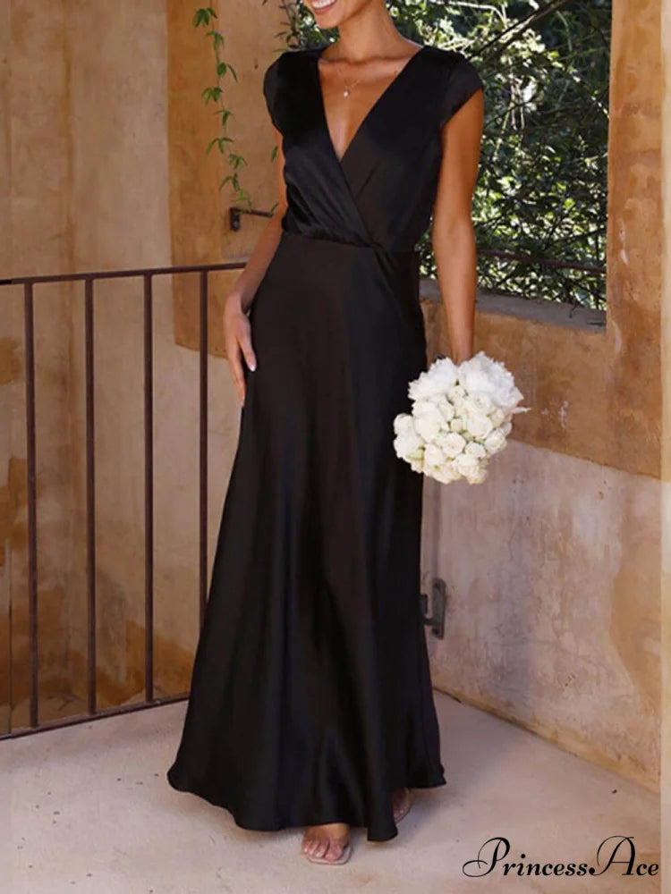 Spring/Summer Satin Solid Color Graceful V-Neck Fishtail Party Dress Black / S