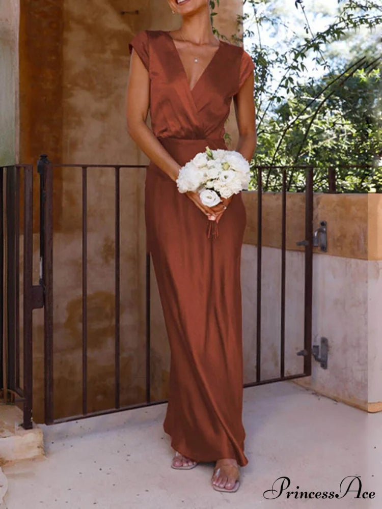 Spring/Summer Satin Solid Color Graceful V-Neck Fishtail Party Dress Brown / S