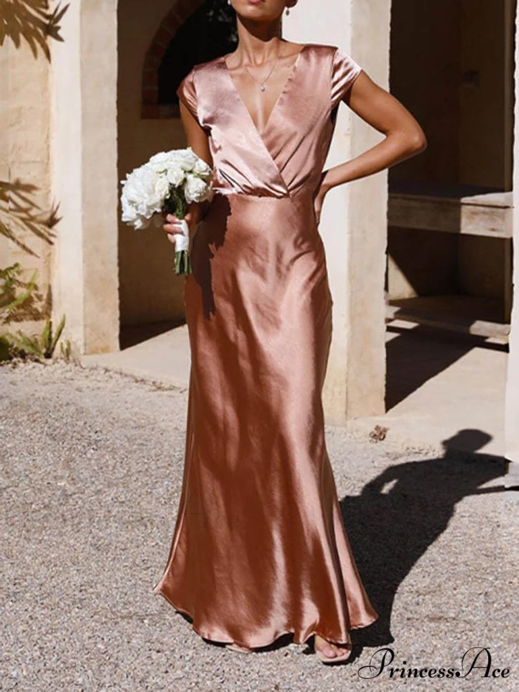 Spring/Summer Satin Solid Color Graceful V-Neck Fishtail Party Dress Pink / S