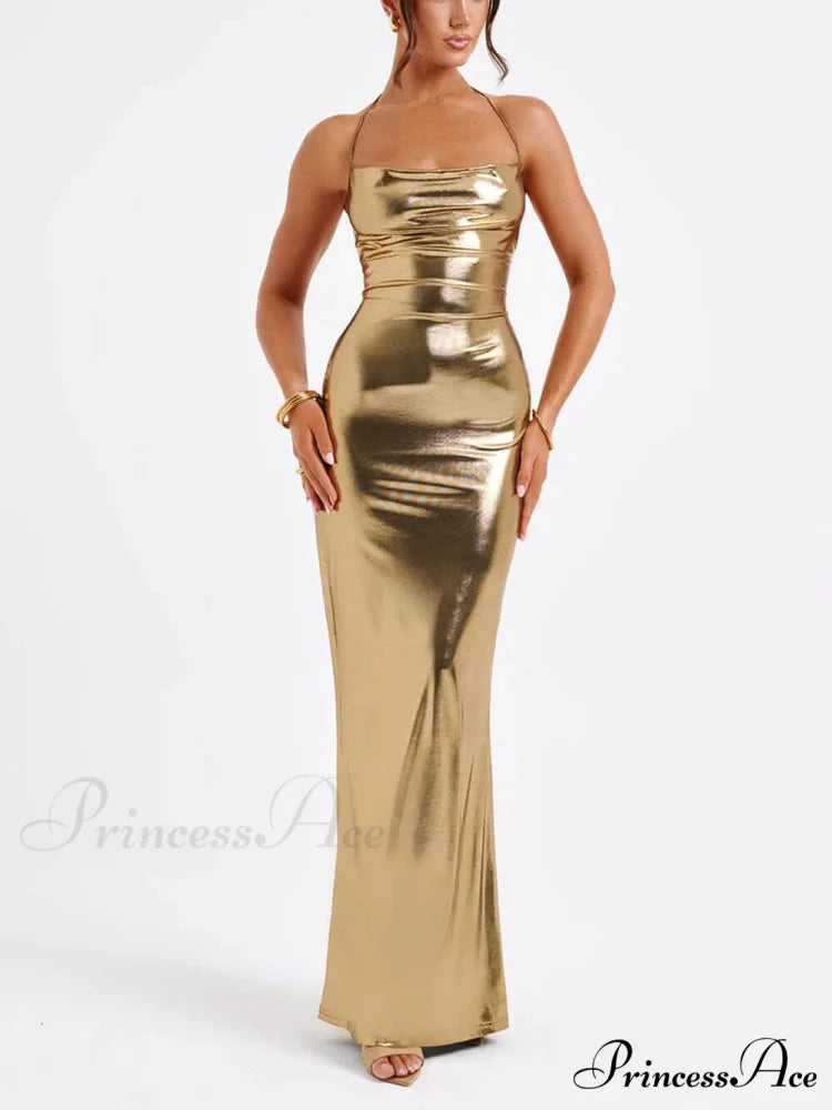 Spring Swing Collar Glossy Graceful Metallic Backless Maxi Dress Gold / S