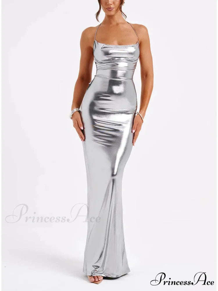 Spring Swing Collar Glossy Graceful Metallic Backless Maxi Dress Silver / S