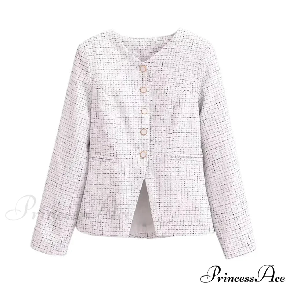 Spring V Collar White Plaid Woven Tweed Slim Waist Single-Breasted Button Slit Blazer WHITE / S