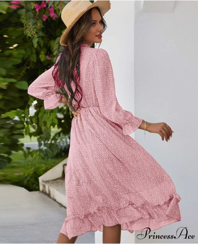 Spring V Neck Print Dress with Butterfly Sleeves and High Waist Ruffles in Chiffon Midi Length M / BLACK