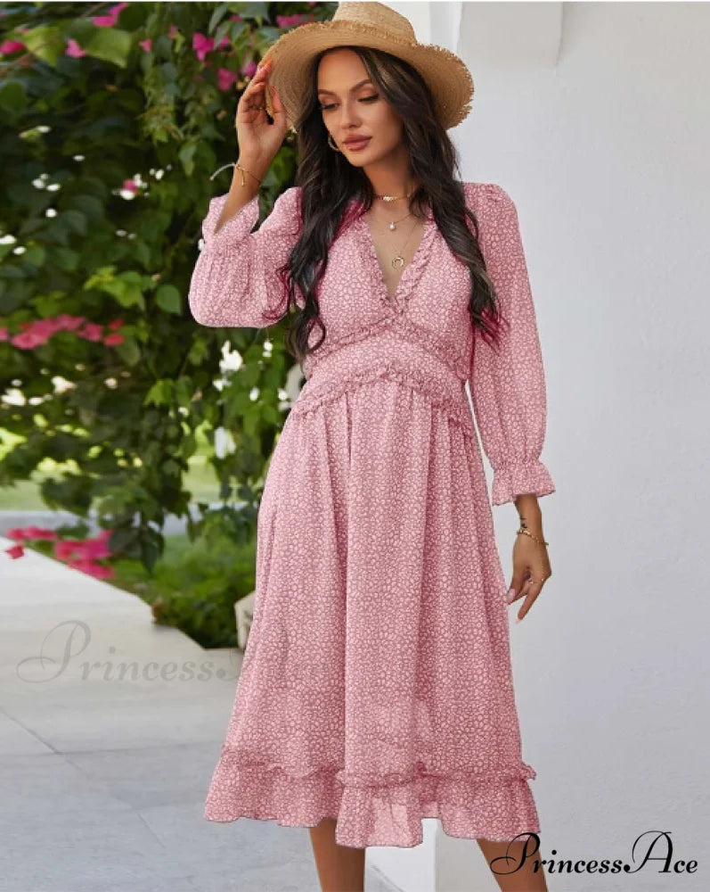 Spring V Neck Print Dress with Butterfly Sleeves and High Waist Ruffles in Chiffon Midi Length M / BLUE