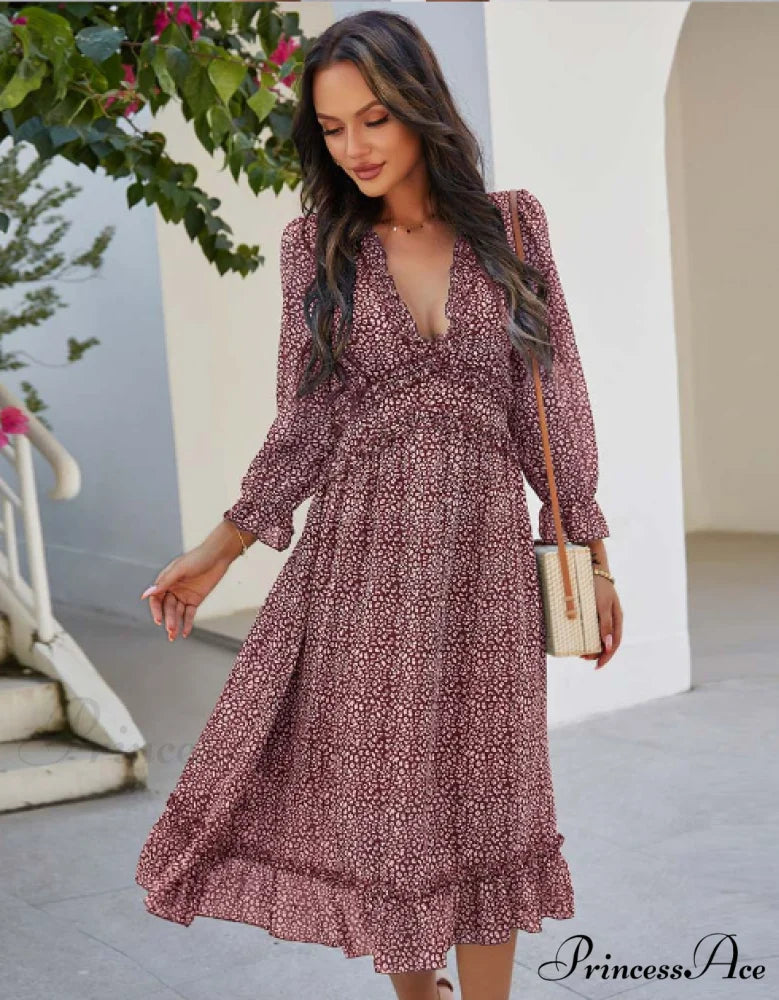 Spring V Neck Print Dress with Butterfly Sleeves and High Waist Ruffles in Chiffon Midi Length M / BURGUNDY