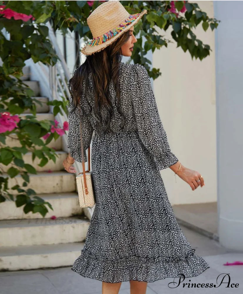 Spring V Neck Print Dress with Butterfly Sleeves and High Waist Ruffles in Chiffon Midi Length M / GREEN