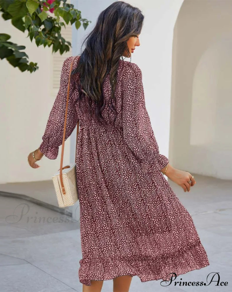 Spring V Neck Print Dress with Butterfly Sleeves and High Waist Ruffles in Chiffon Midi Length M / PINK