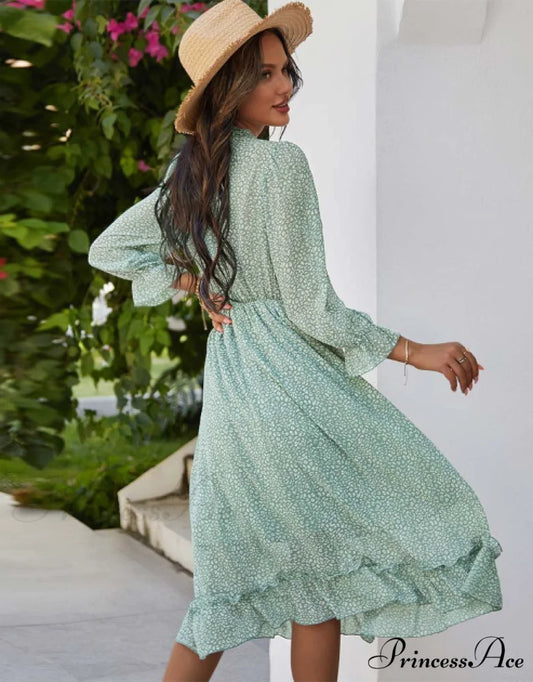 Spring V Neck Print Dress with Butterfly Sleeves and High Waist Ruffles in Chiffon Midi Length S / BLUE