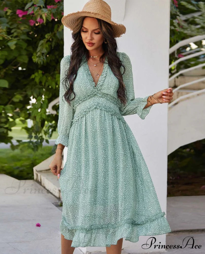 Spring V Neck Print Dress with Butterfly Sleeves and High Waist Ruffles in Chiffon Midi Length S / GREEN