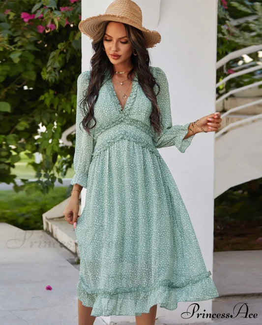 Spring V Neck Print Dress with Butterfly Sleeves and High Waist Ruffles in Chiffon Midi Length S / GREEN