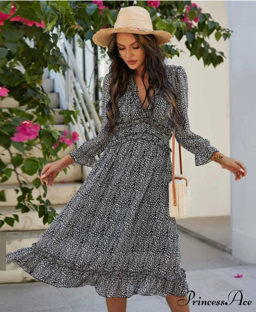 Spring V Neck Print Dress with Butterfly Sleeves and High Waist Ruffles in Chiffon Midi Length S / PINK