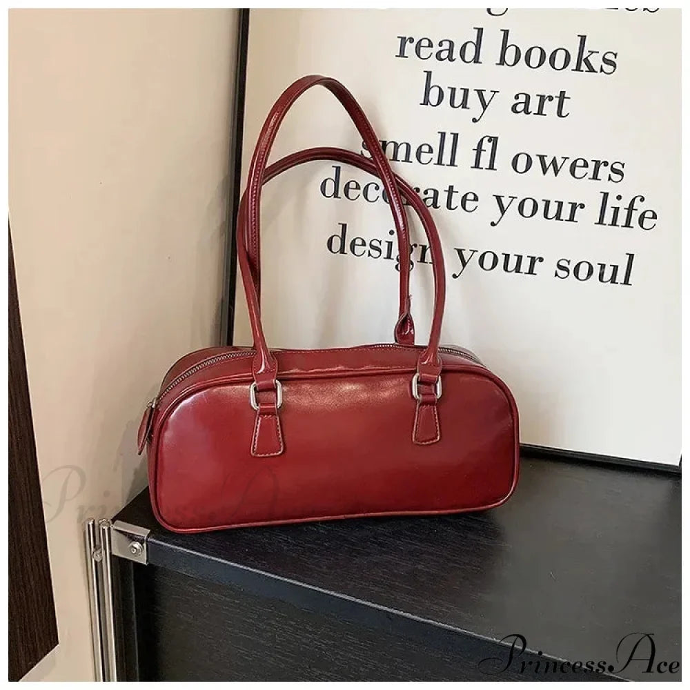 Spring Vintage Faux Leather Underarm Shoulder Bag Wine Red shoulder-250126