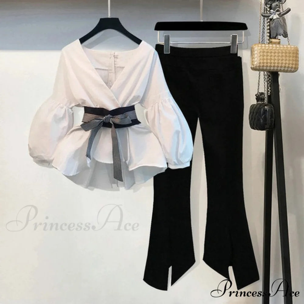 Spring Women’s Bow Pants Lantern Flare Black + Striped Split Warm-Season Blouse Arm Arm Set 2pcs set 2 / S