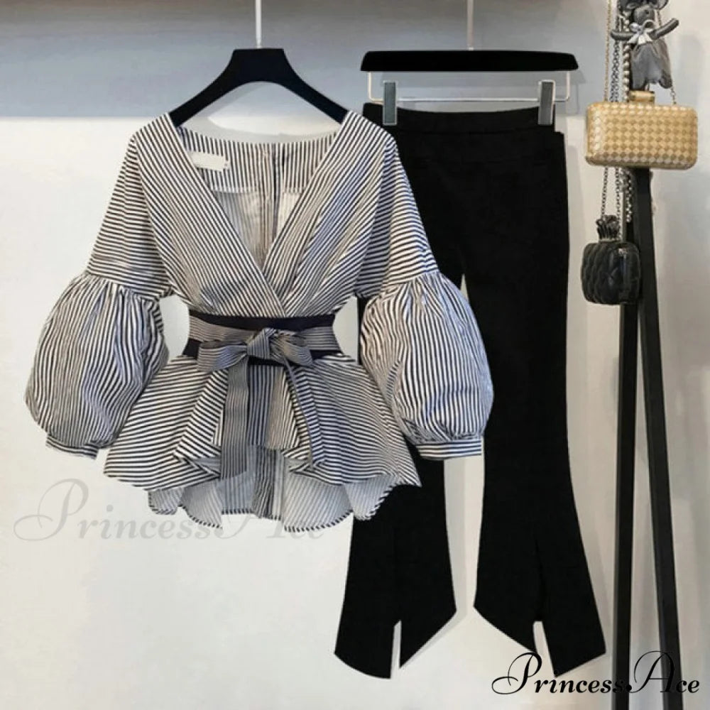 Spring Women’s Bow Pants Lantern Flare Black + Striped Split Warm-Season Blouse Arm Arm Set 2pcs set / S