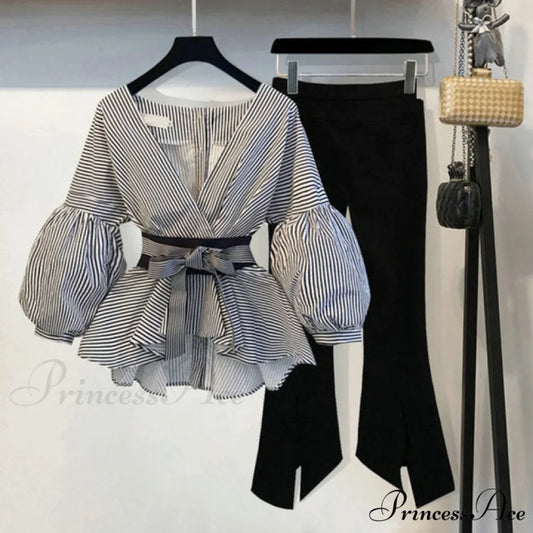 Spring Women’s Bow Pants Lantern Flare Black + Striped Split Warm-Season Blouse Arm Arm Set 2pcs set / S