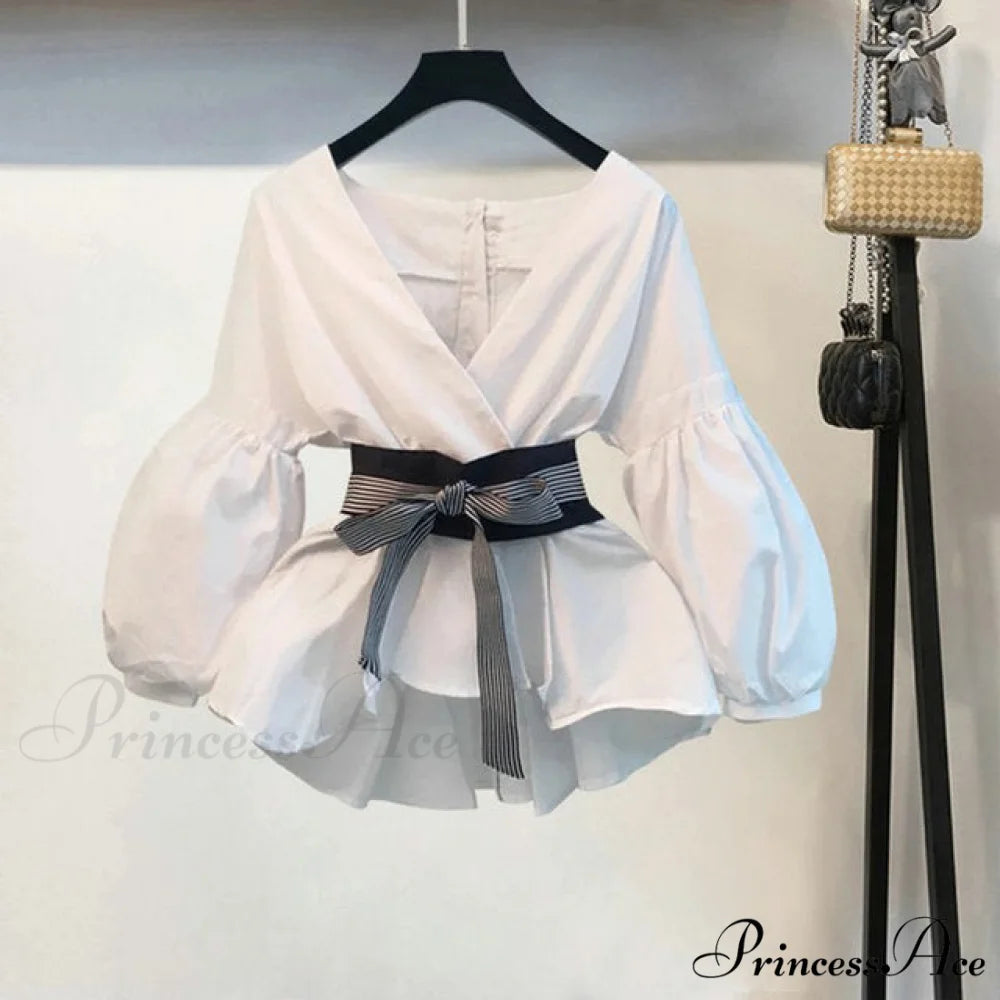 Spring Women’s Bow Pants Lantern Flare Black + Striped Split Warm-Season Blouse Arm Arm Set ONLY Shirt 2 / S