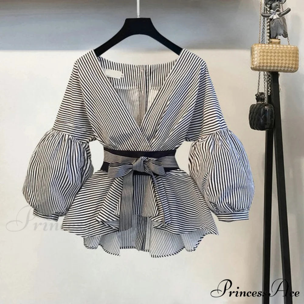 Spring Women’s Bow Pants Lantern Flare Black + Striped Split Warm-Season Blouse Arm Arm Set ONLY Shirt / S