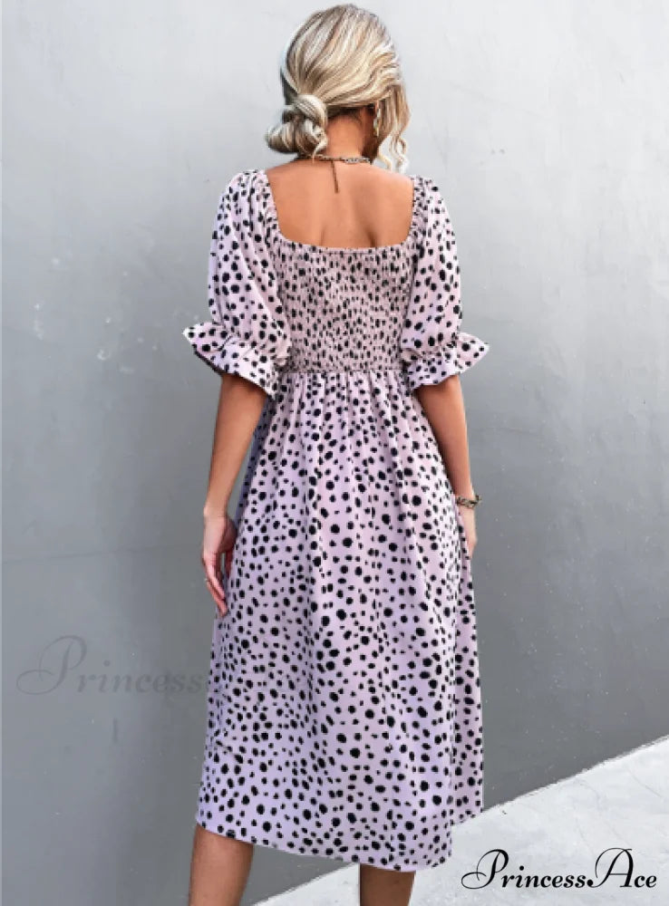 Square Collar Bubble Sleeve Dress L / pink
