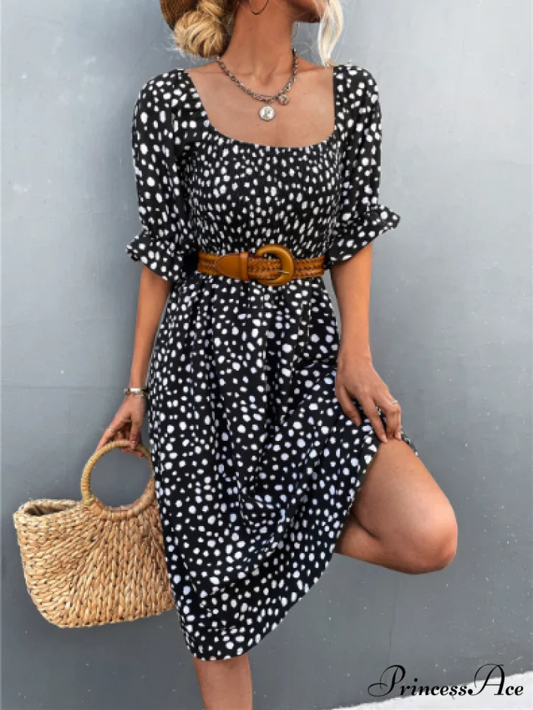 Square Collar Bubble Sleeve Dress M / black