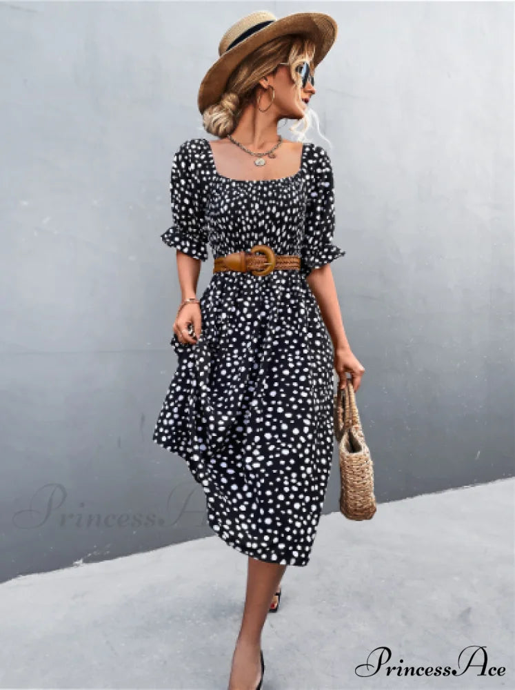 Square Collar Bubble Sleeve Dress S / black