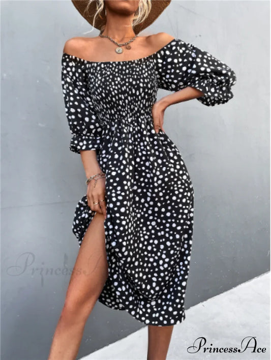 Square Collar Bubble Sleeve Dress S / khaki