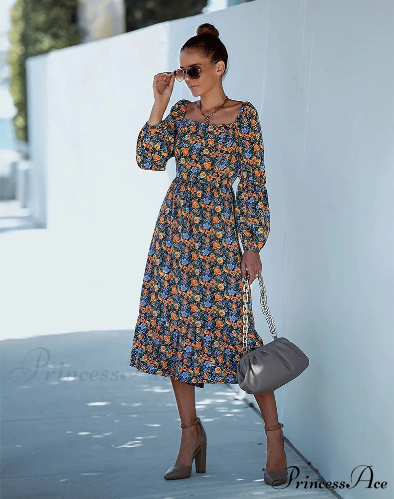 Square Collar Long Sleeve Printed Dress M / blue