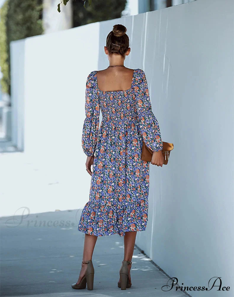 Square Collar Long Sleeve Printed Dress M / red