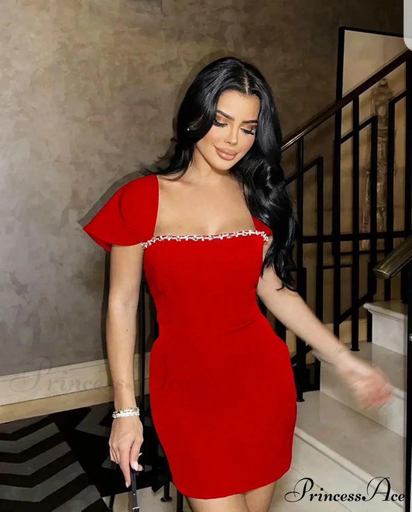 Square Collar Shining Crystal Party Dress