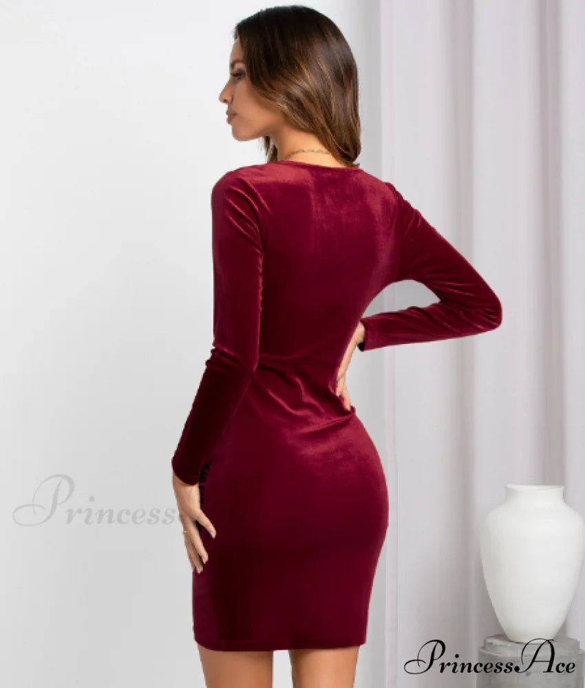 Square Collar Velvet Hip-Wrapped One-Step Skirt - Women’s Fashion M / wine red