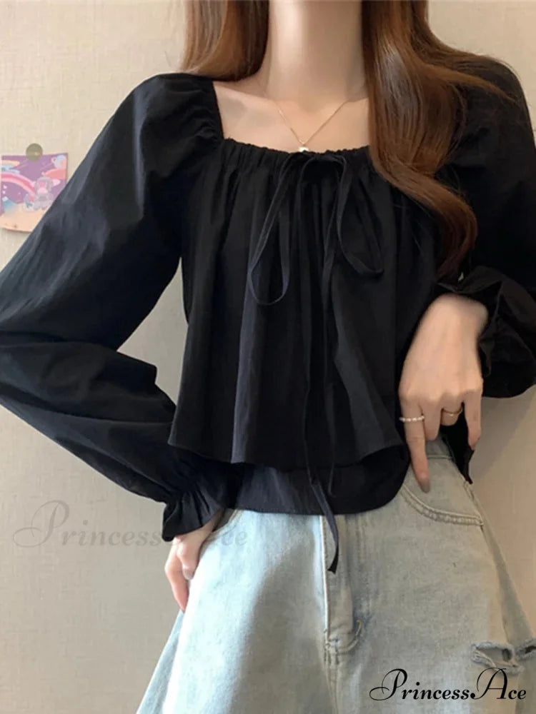 Square Neck Extended Puff Sleeve Frilled Blouse Black / S blouse-250126